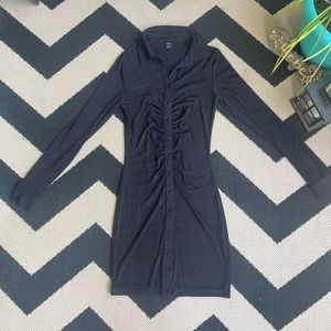 black ruched buttoned dress